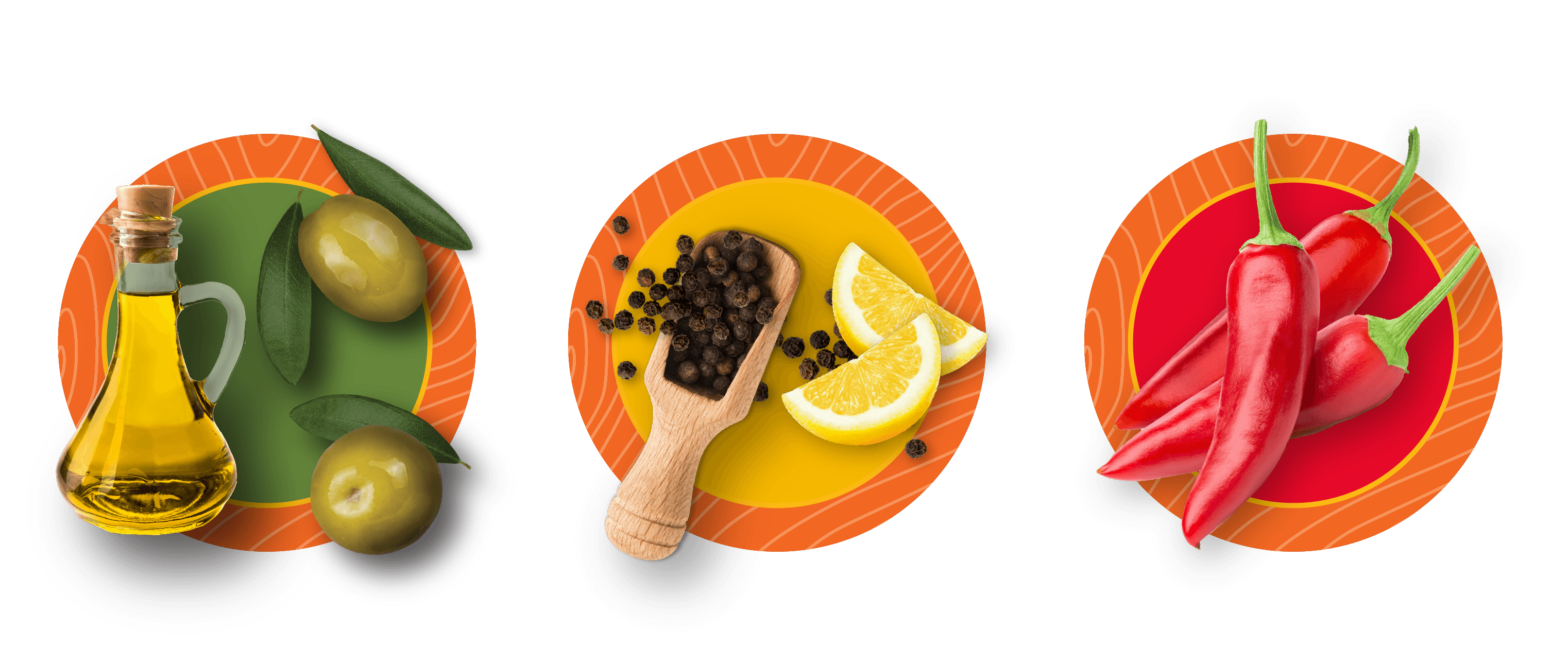 Olive Oil, Lemon Pepper and Sweet Chili flavor cues