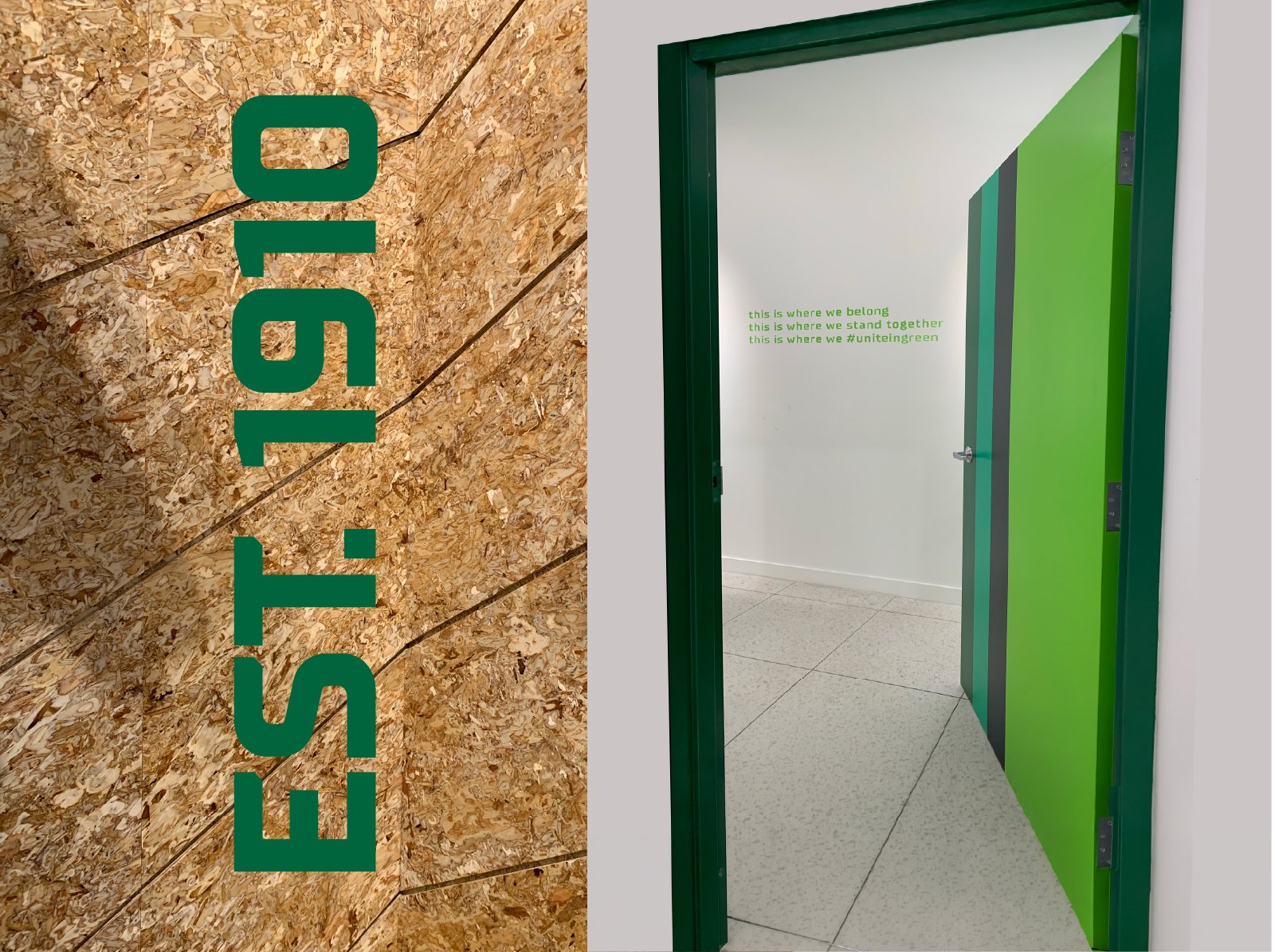 Chipboard millwork with EST. 1910 graphic and a change room with #uniteingreen decals