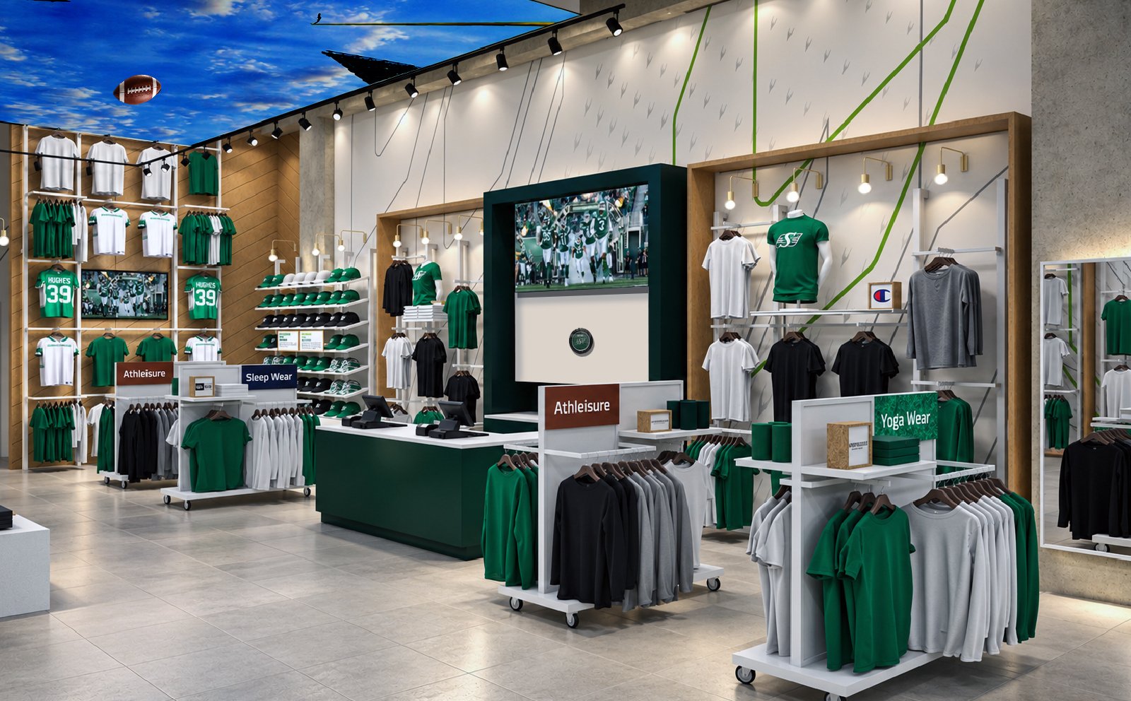 Riderville store interior — lifestyle and sports apparel under a painted sky ceiling