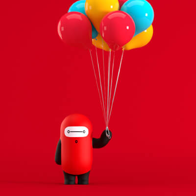 cz bank little red baymax robot holding a bunch of balloons with a red background