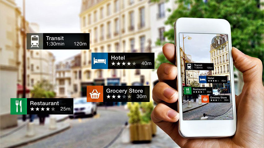person holding a phone with augmented reality showing them nearby destinations including transit, hotel, grocery store, restaurant