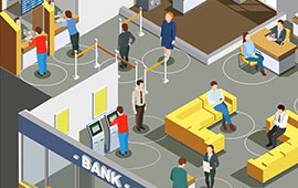 Illustrated drawing of people socially distancing at a bank