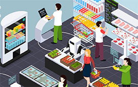 illustration of people shopping in a retail store during covid 19