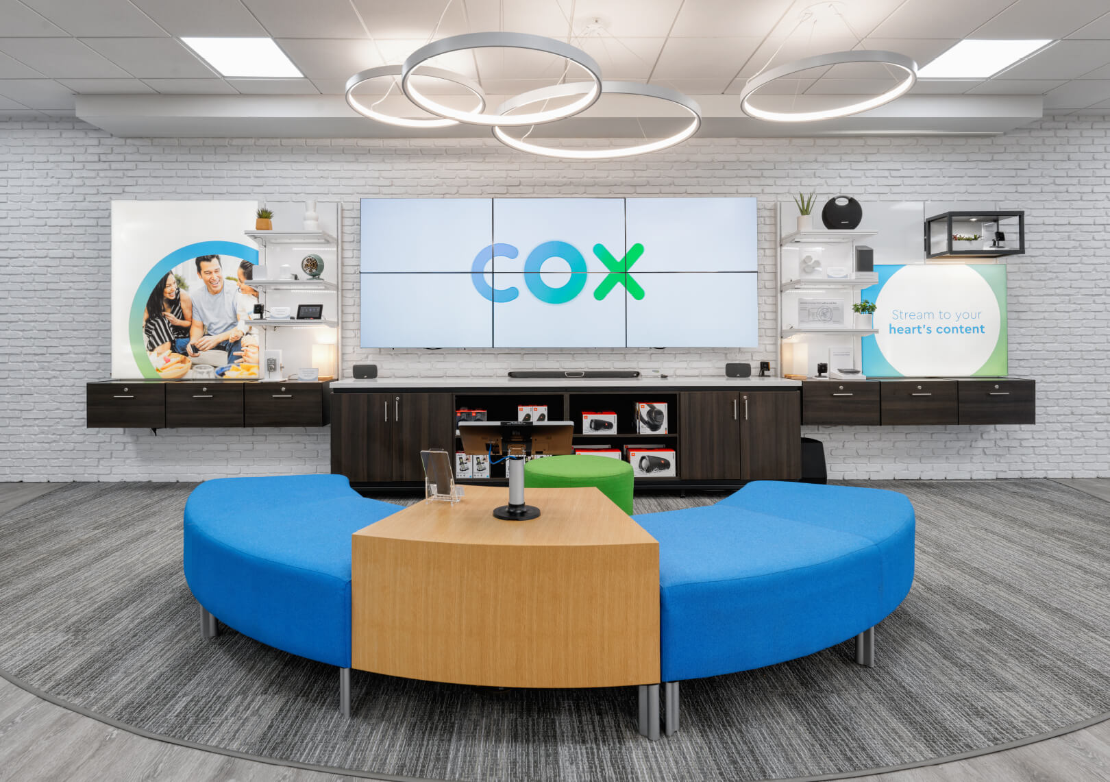 Cox Communications seating area with video wall