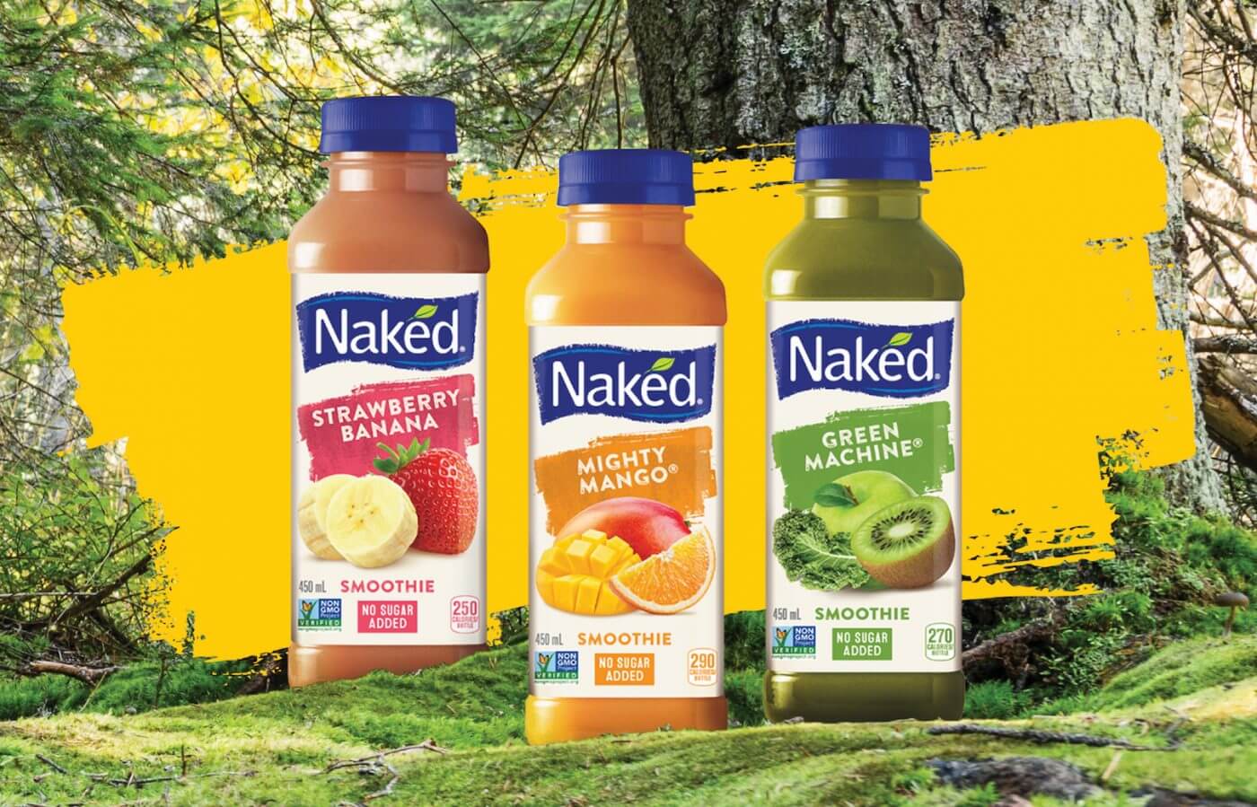 Naked juice lineup on a green forest like background