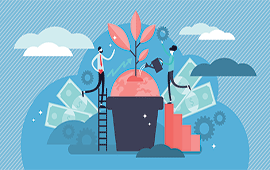 Man and woman watering a plant with money in the background