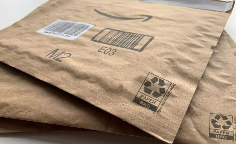 Amazon's new fully recyclable mailer stacked together