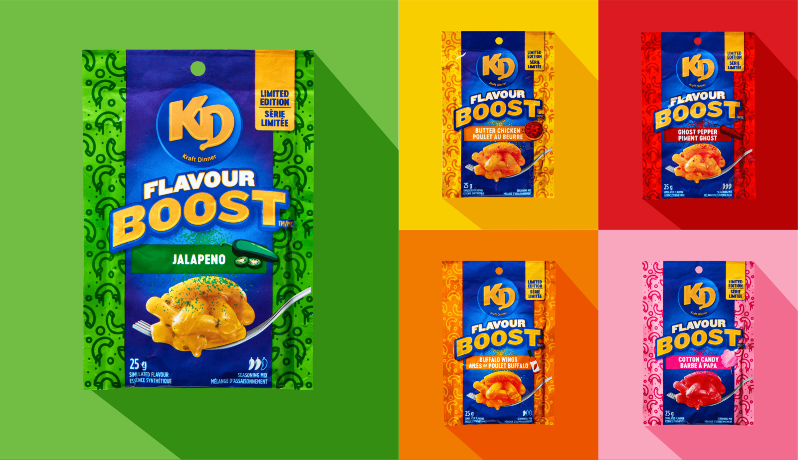 KD limited edition flavor boosts, in jalapeno, butter chicken, ghost pepper, buffalo wings, and cotton candy