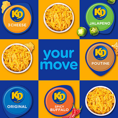 KD snack cups in 3 cheese, jalapeno, poutine, original, and spicy buffalo