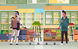 futuristic supermarket with a man and robot buying groceries