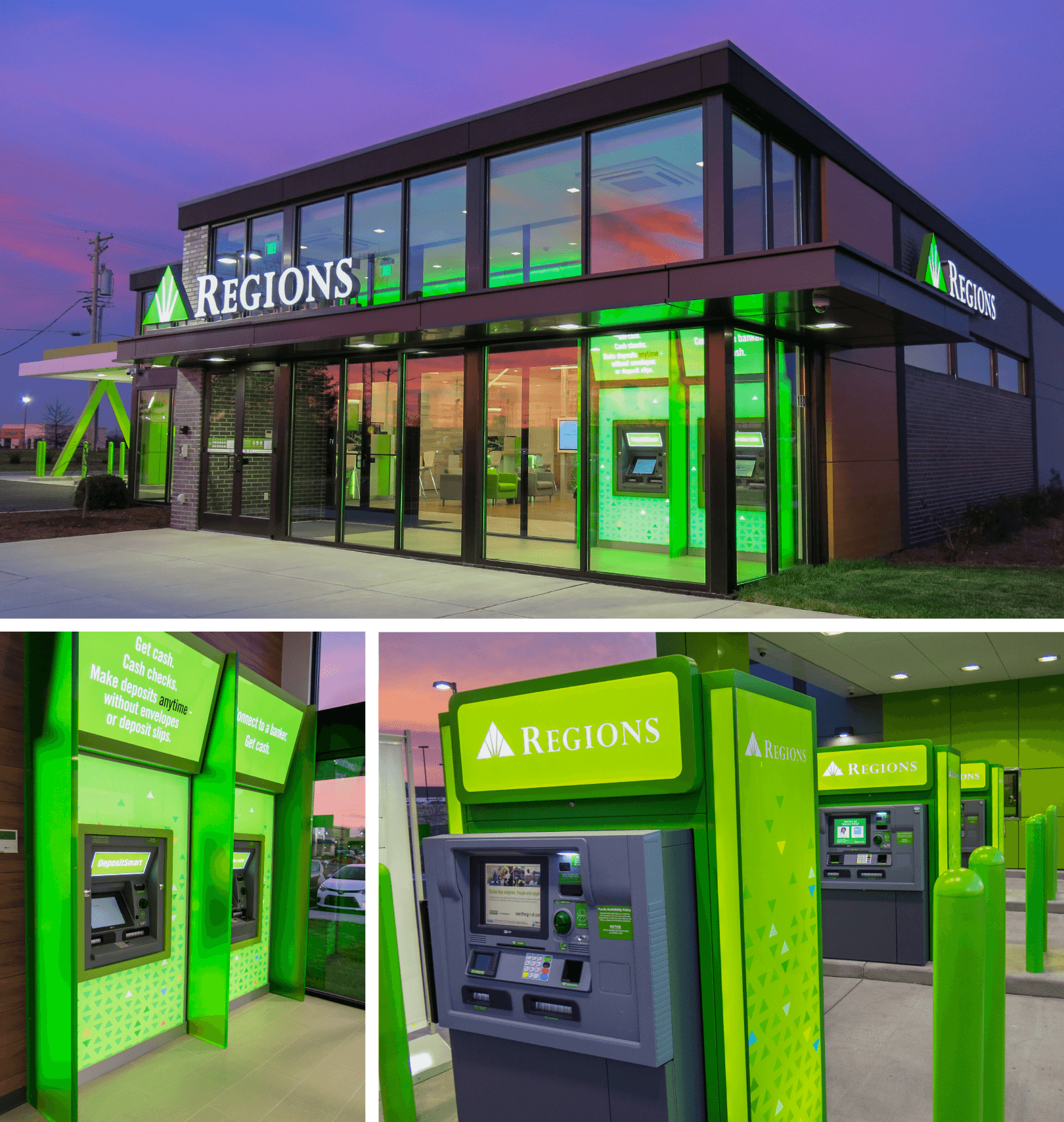 Collage of the lit entrance and very green bank machines