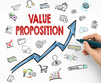 value proposition words surrounded by upwards arrow with icons around, Hand drawn