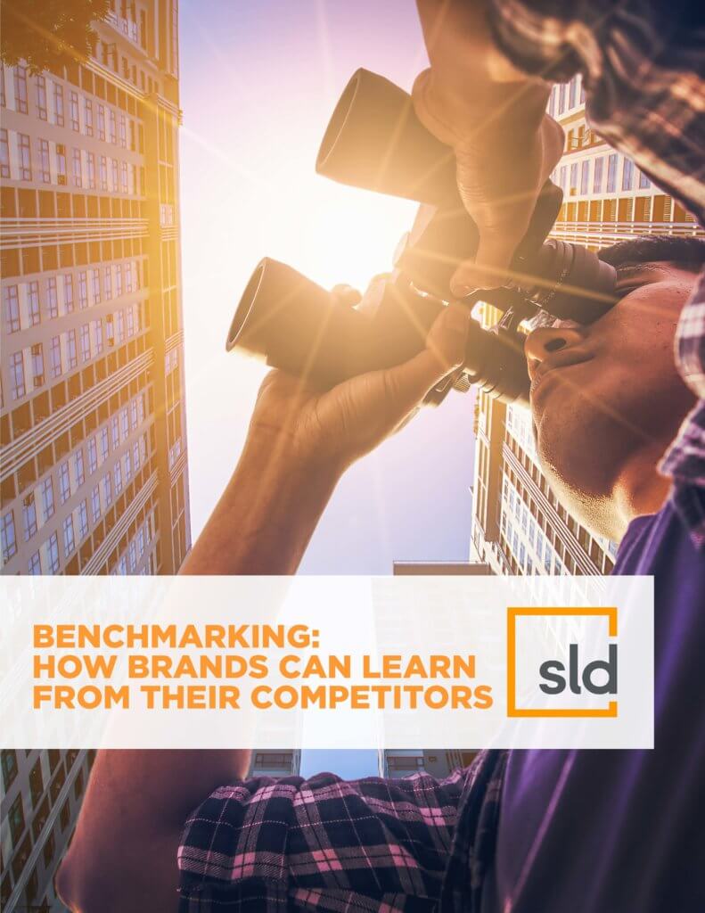 A person taking a photo through binoculars, with the focus on a benchmarking study about how brands can learn from their competitors.
