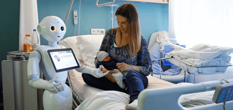 Woman with child being assisted by robot