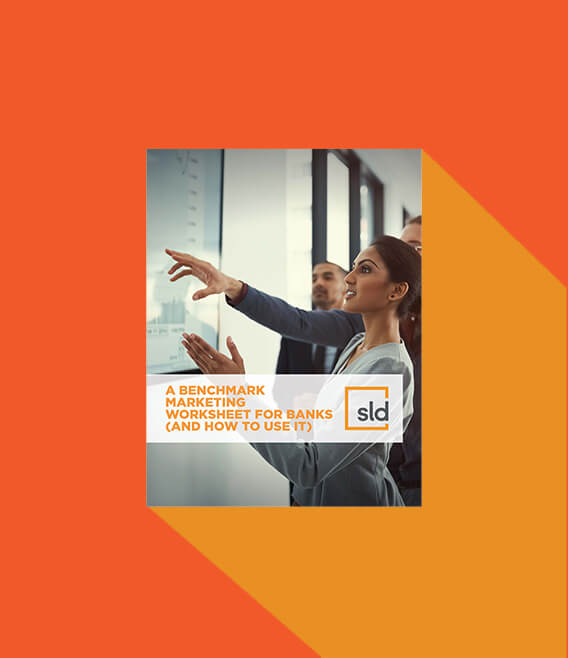 Benchmark marketing for banks guide cover on an orange background