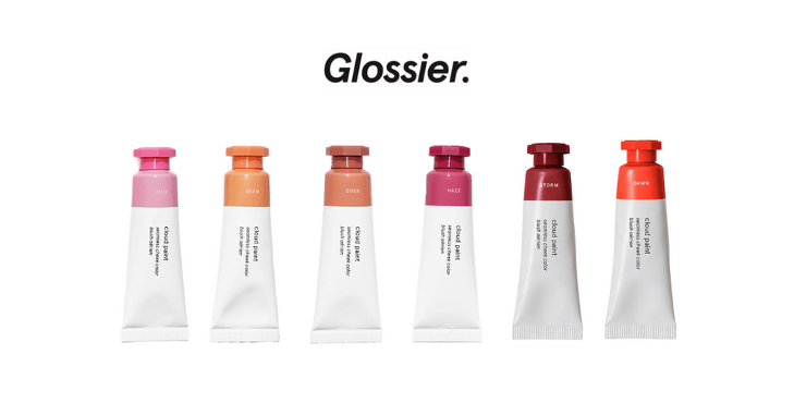 Glossier makeup products side by side in different colours with the logo Glossier on top