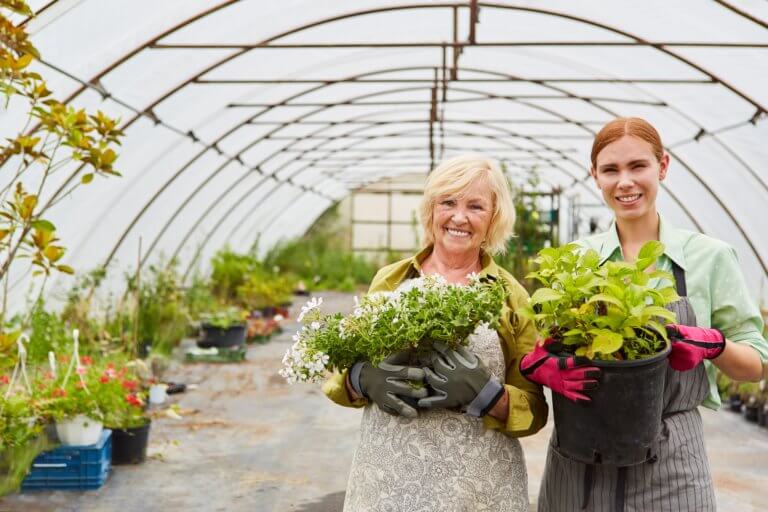 Garden centre image featuring older worker working with younger worker