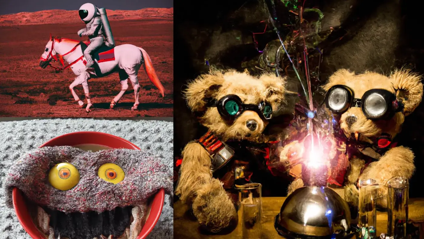 DALLE 2 art creations: astronaught riding a pink horse, a bowl of food that looks like a scary monster, and two teddy bears creating fireworks