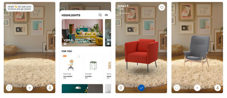 Ikea place app showcasing furniture in different parts of a home