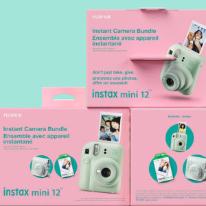 INSTAX FUJIFILM pink package on pastel green background